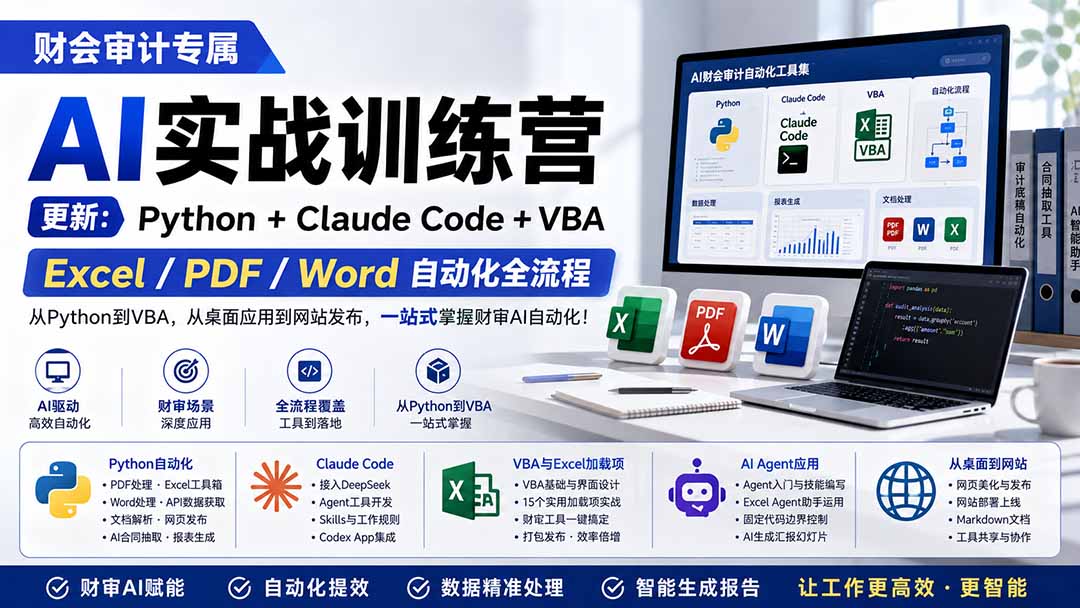 财会审计专属 AI实战训练营：Python+Claude Code+VBA，Excel/PDF/Word自动化全流程 (更新-橙心云网创