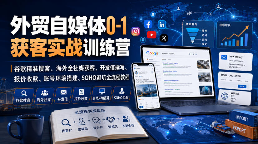 外贸自媒体0-1获客实战训练营｜谷歌精准搜客、海外全社媒获客、开发信撰写、报价收款、账号环境搭建、SOHO避坑全流程教程(更新)-橙心云网创