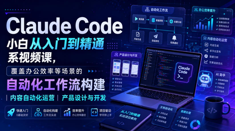 Claude Code小白从入门到精通系视频课，覆盖办公效率等场景的自动化工作流构建|内容自动化运营|产品设计与开发-橙心云网创