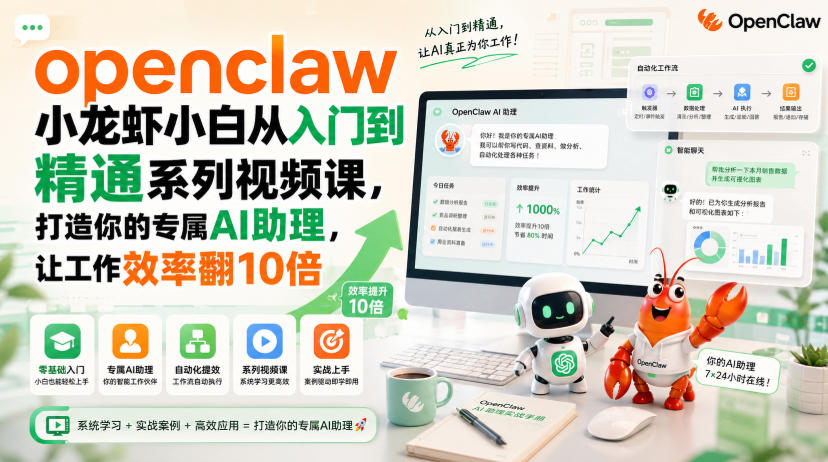 openclaw小龙虾小白从入门到精通系列视频课，打造你的专属AI助理，让工作效率翻10倍-橙心云网创