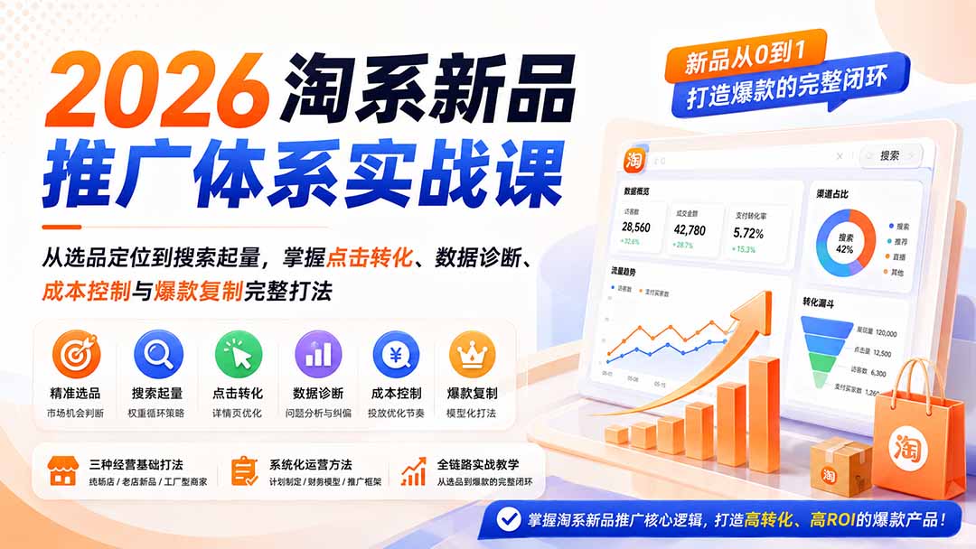 2026淘系新品推广体系实战课：从选品定位到搜索起量，掌握点击转化、数据诊断、成本控制与爆款复制完整打法-橙心云网创