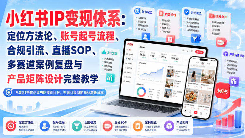 小红书IP变现体系：定位方法论、账号起号流程、合规引流、直播SOP、多赛道案例复盘与产品矩阵设计完整教学-橙心云网创
