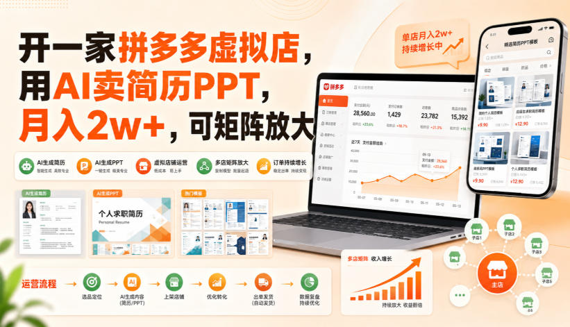 开一家拼多多虚拟店,用AI卖简历PPT,月入2w+,可矩阵放大【揭秘】-橙心云网创