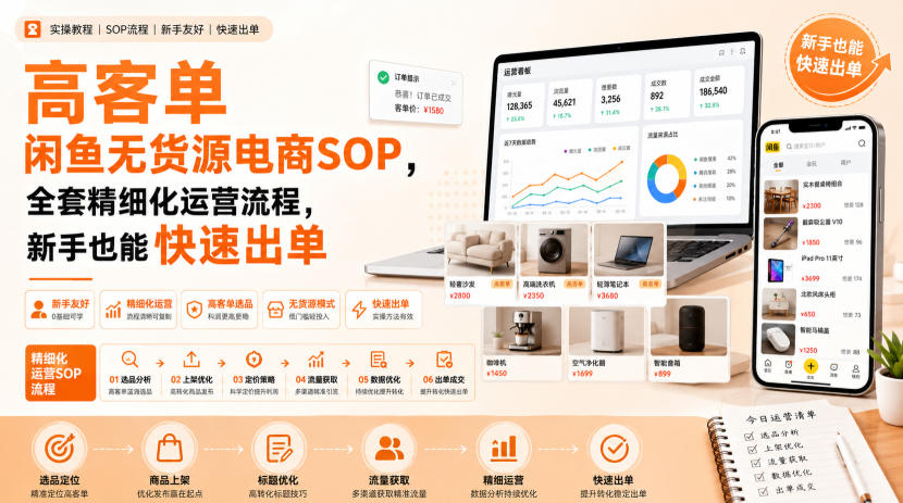 高客单闲鱼无货源电商SOP,全套精细化运营流程,新手也能快速出单-橙心云网创