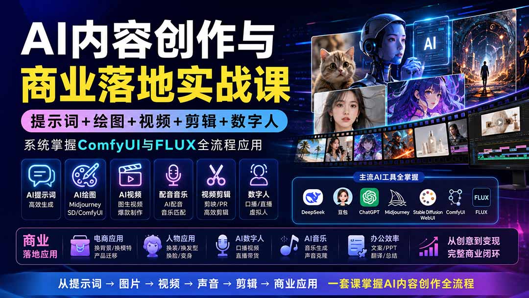 AI内容创作与商业落地实战课：提示词+绘图+视频+剪辑+数字人，系统掌握ComfyUI与FLUX全流程应用-橙心云网创