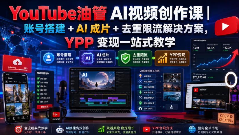YouTube油管AI视频创作课｜账号搭建+AI成片+去重限流解决方案，YPP变现一站式教学(更新0817)-橙心云网创