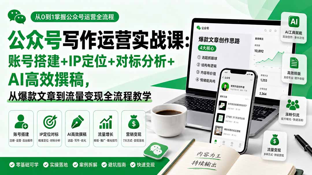 公众号写作运营实战课:账号搭建+IP定位+对标分析+AI高效撰稿,从爆款文章到流量变现全流程教学-橙心云网创
