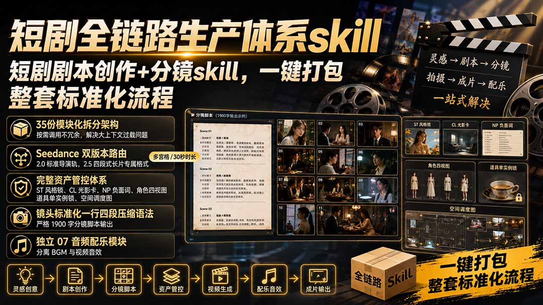 短剧全链路生产体系skill，短剧剧本创作+分镜skill，一键打包，整套标准化流程-橙心云网创