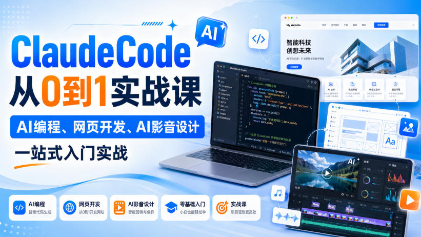 ClaudeCode从0到1实战课,AI编程、网页开发、AI影音设计一站式入门实战-橙心云网创