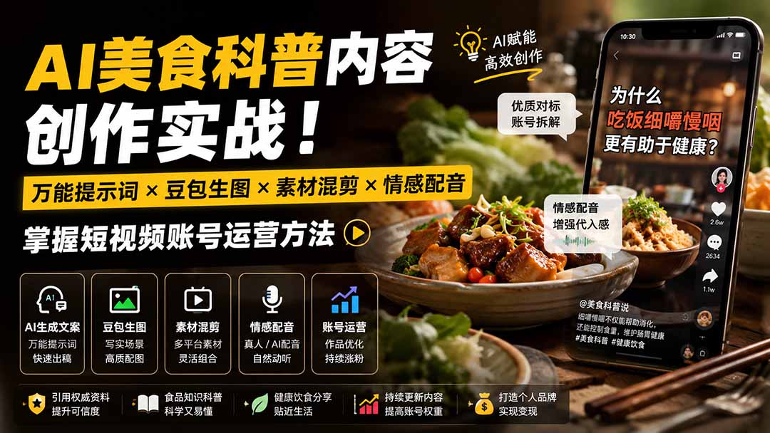 外面卖199元-AI美食科普内容创作实战！万能提示词×豆包生图×素材混剪×情感配音，掌握短视频账号运营方法-橙心云网创
