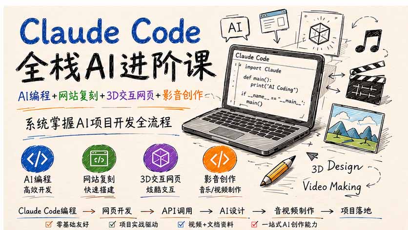 Claude Code全栈AI进阶课；AI编程+网站复刻+3D交互网页+影音创作，系统掌握AI项目开发全流程-橙心云网创