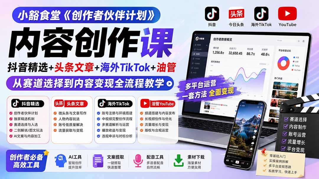 小豁食堂《创作者伙伴计划》内容创作课:抖音精选+头条文章+海外TikTok+油管,从赛道选择到内容变现全流程教学-橙心云网创