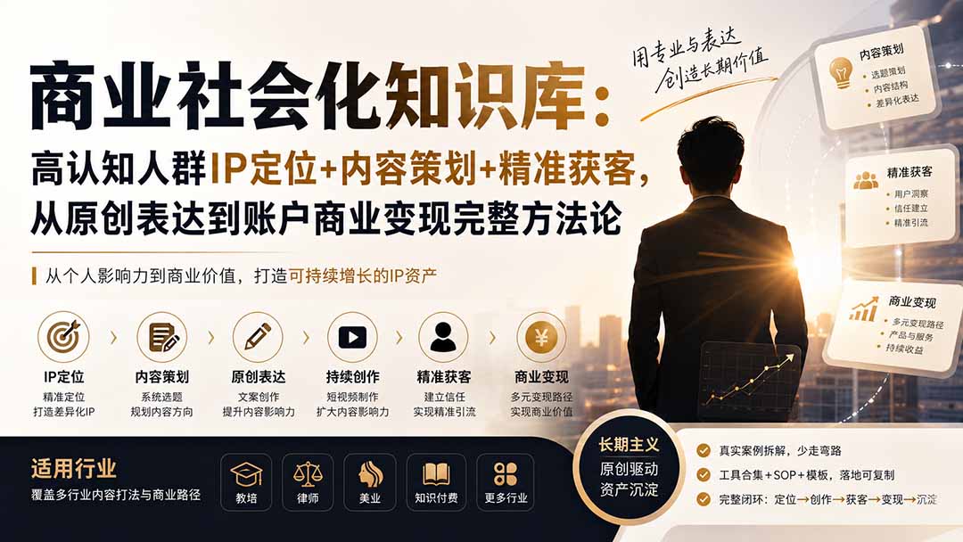 商业社会化知识库：高认知人群IP定位+内容策划+精准获客，从原创表达到账户商业变现完整方法论-橙心云网创