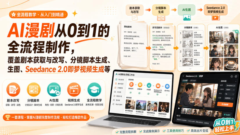 AI漫剧从0到1的全流程制作,覆盖剧本获取与改写、分镜脚本生成、角色场景生图与三视图、Seedance 2.0即梦视频生成(PDF版)-橙心云网创