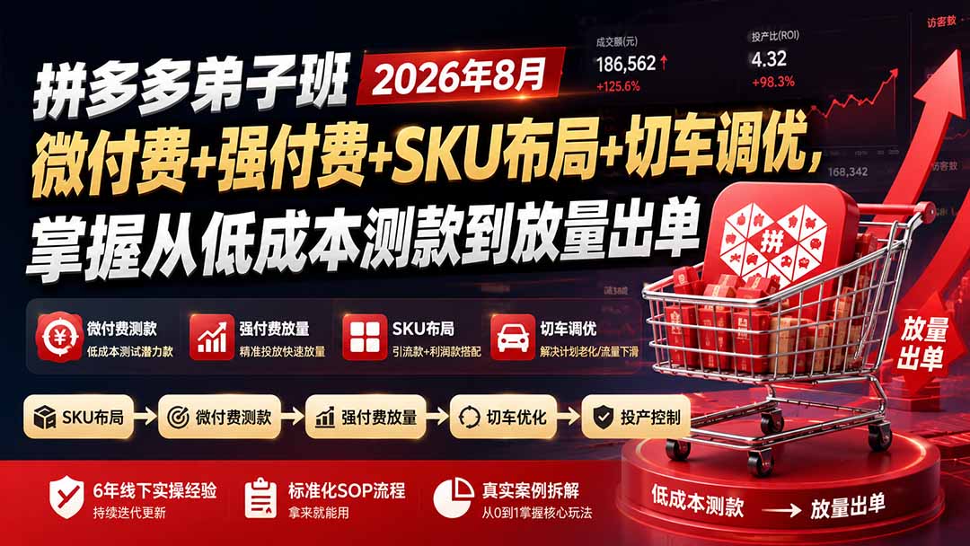 拼多多弟子班2026年8月：微付费+强付费+SKU布局+切车调优，掌握从低成本测款到放量出单-橙心云网创