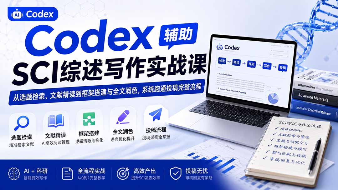 Codex辅助SCI综述写作实战课——从选题检索、文献精读到框架搭建与全文润色,系统跑通投稿完整流程-橙心云网创