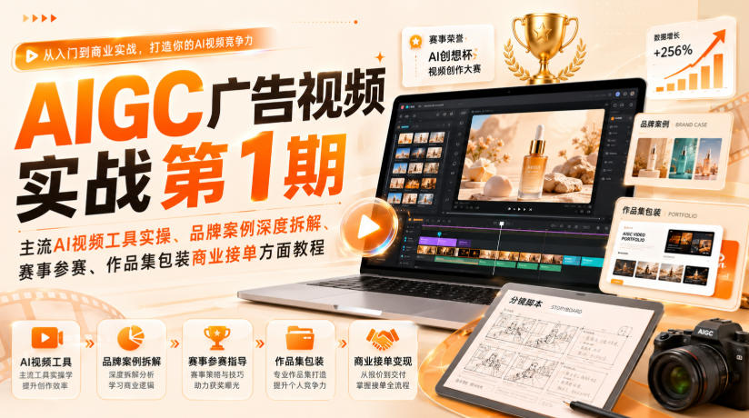 AIGC广告视频实战第1期，主流AI视频工具实操、品牌案例深度拆解、赛事参赛、作品集包装商业接单方面教程-橙心云网创