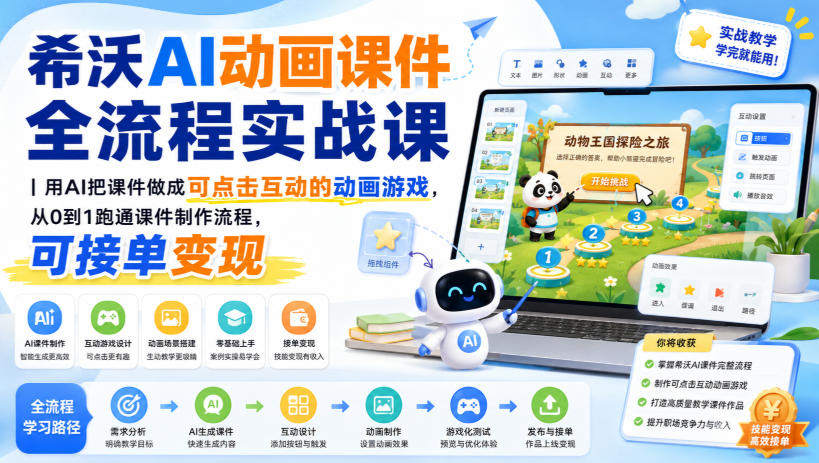 希沃AI动画课件全流程实战课｜用AI把课件做成可点击互动的动画游戏，从0到1跑通课件制作流程，可接单变现-橙心云网创