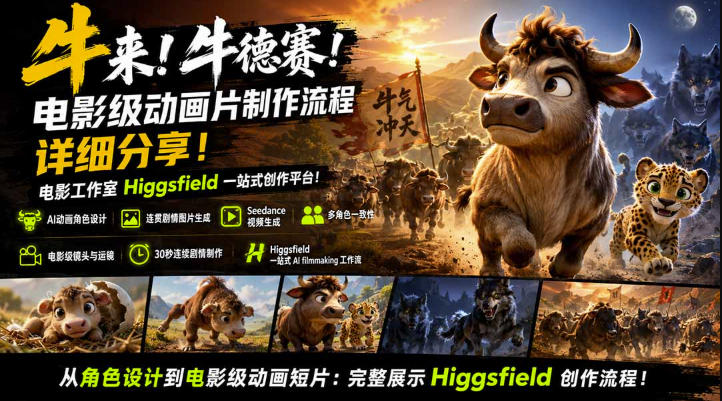 牛来!牛德赛!电影级动画片制作流程详细分享!电影工作室Higgsfield一站式创作平台,完整创作流程-橙心云网创