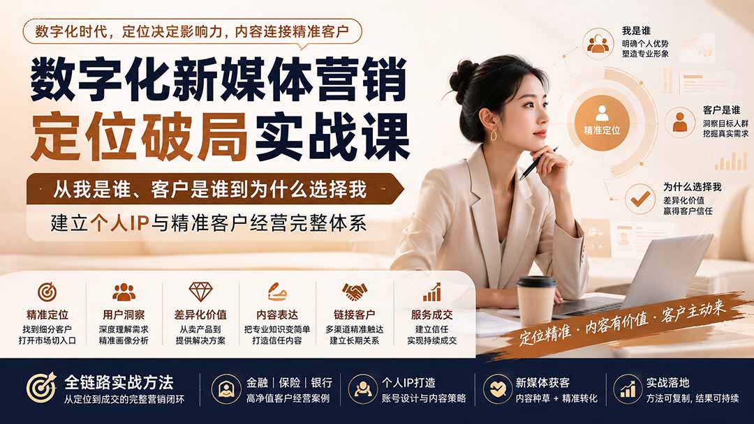 数字化新媒体营销定位破局实战课：从我是谁、客户是谁到为什么选择我，建立个人IP与精准客户经营完整体系-橙心云网创