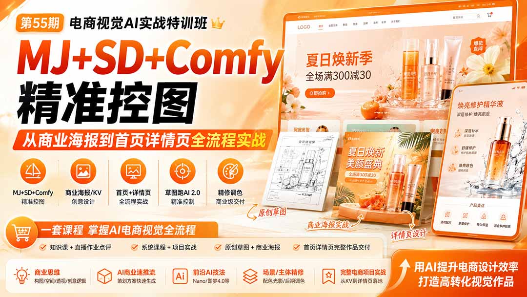 电商视觉 AI实战训练营第55期:MJ+SD+Comfy精准控图,从商业海报到首页详情页全流程实战-橙心云网创