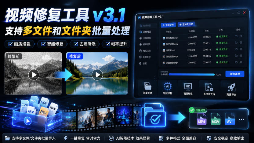 视频修复工具v3.1，支持多文件和文件夹批量处理-橙心云网创