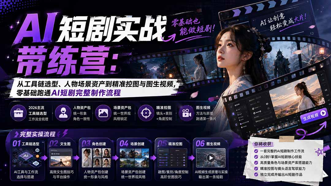 AI短剧实战训练营：从工具链选型、人物场景资产到精准控图与图生视频，零基础跑通AI短剧完整制作流程-橙心云网创