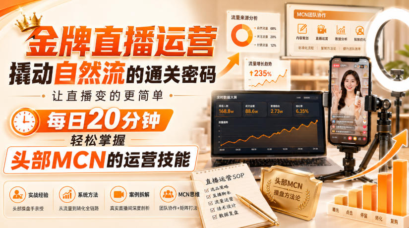 金牌直播运营撬动自然流的通关密码，让直播变的更简单，每日20分钟，轻松掌握头部MCN的运营技能-橙心云网创
