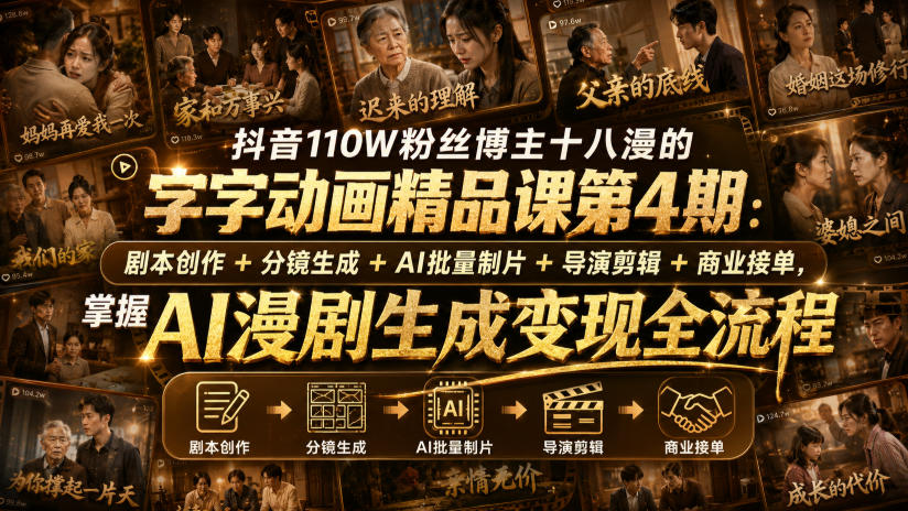 抖音110W粉丝博主十八漫的字字动画精品课第4期:剧本创作+分镜生成+剪辑+商业接单,掌握AI漫剧生成变现全流程-橙心云网创