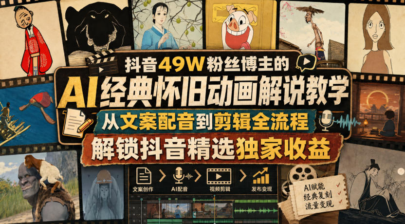 抖音49W粉丝博主的AI经典怀旧动画解说教学,从文案配音到剪辑全流程,解锁抖音精选独家收益-橙心云网创