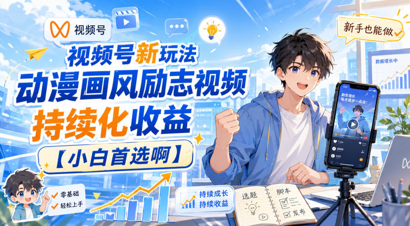 视频号新玩法动漫画风励志视频,持续化收益【小白首选啊】-橙心云网创