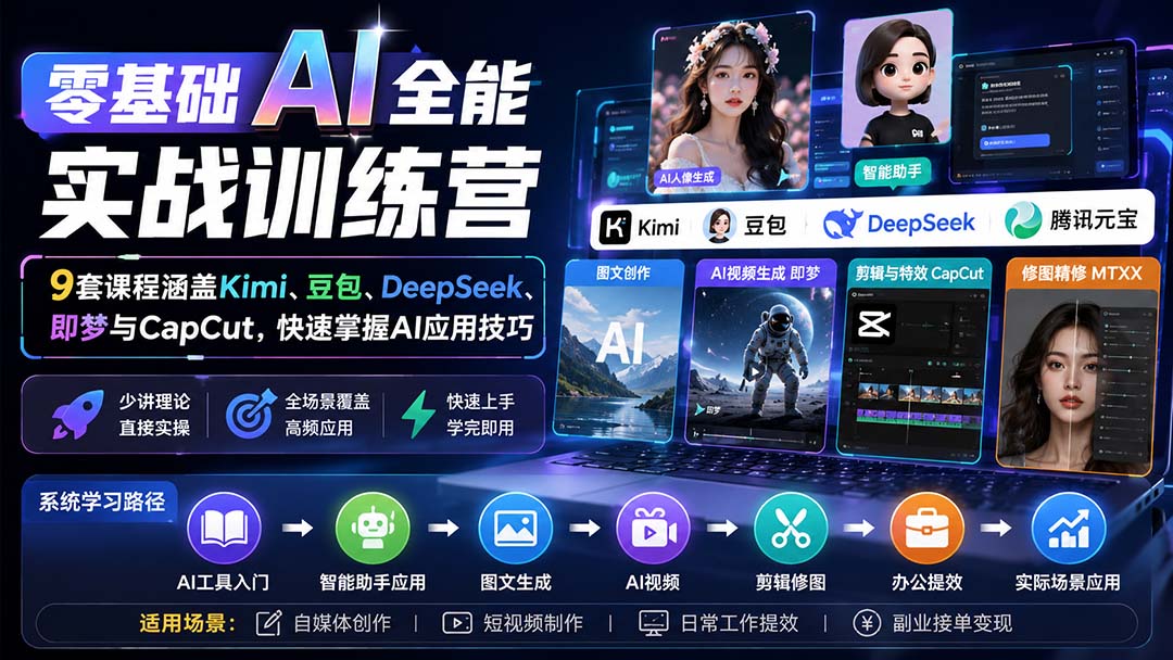 零基础AI全能实战训练营:9套课程涵盖Kimi、豆包、DeepSeek、即梦与CapCut,快速掌握AI应用技巧-橙心云网创