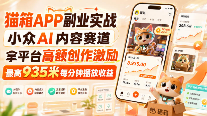 猫箱APP副业实战,小众AI内容赛道,拿平台高额创作激励,最高935米每分钟播放收益-橙心云网创