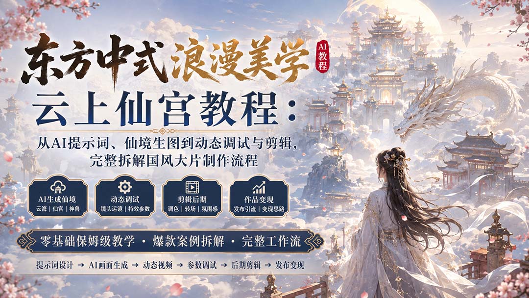 东方中式浪漫美学云上仙宫教程:从AI提示词、仙境生图到动态调试与剪辑,完整拆解国风大片制作流程-橙心云网创