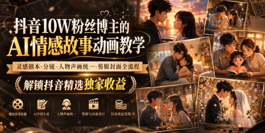 抖音10W粉丝博主的AI情感故事动画教学,灵感剧本‑分镜‑人物声画统一‑剪辑封面全流程,解锁抖音精选独家收益-橙心云网创