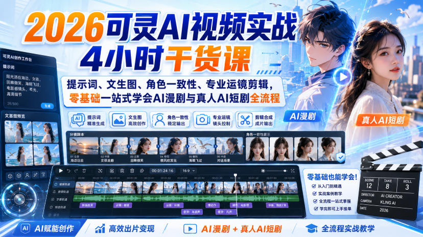 2026可灵AI视频实战4小时干货课｜提示词、文生图、角色一致性、专业运镜剪辑，零基础一站式学会AI漫剧与真人AI短剧全流程-橙心云网创