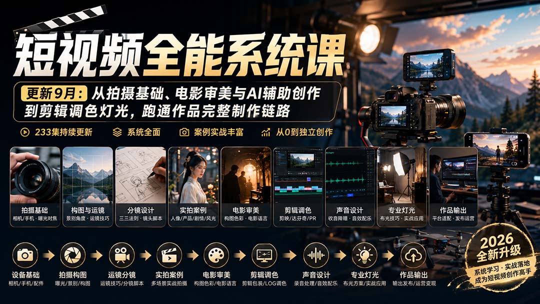 短视频全能系统课-更新8月233集：从拍摄基础、电影审美与AI辅助创作到剪辑调色灯光，跑通作品完整制作链路-橙心云网创