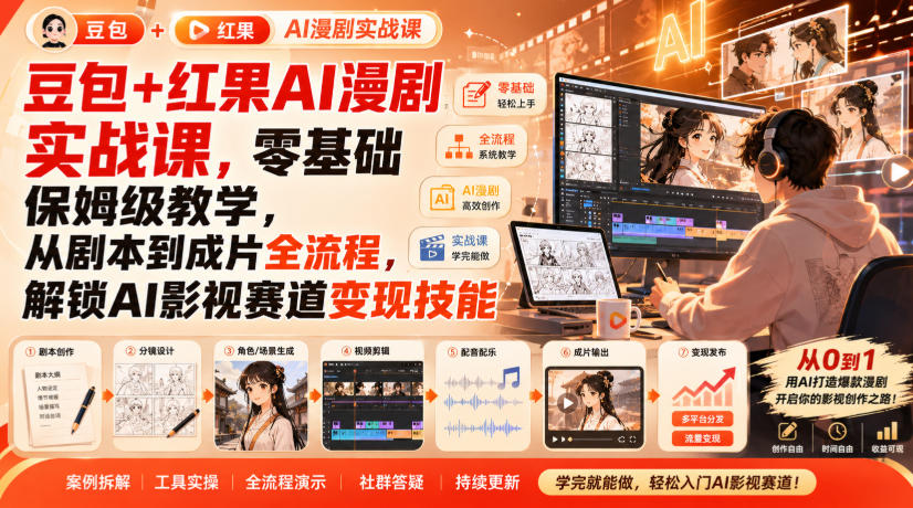 豆包+红果AI漫剧实战课,零基础保姆级教学,从剧本到成片全流程,解锁AI影视赛道变现技能-橙心云网创