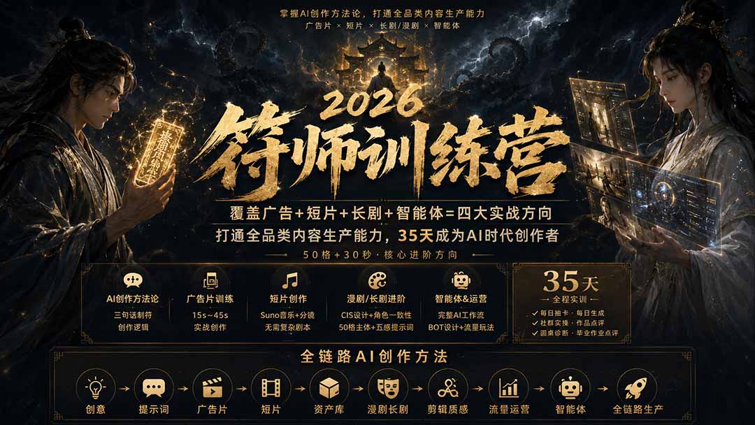 符师训练营-35天成为AI时代创作者,广告+短片+漫剧+智能体四大实战方向,掌握从创意到上线的完整工作流-橙心云网创