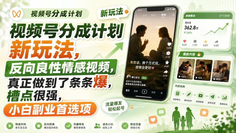 视频号分成计划新玩法,反向良性情感视频,真正做到了条条爆,槽点很强,小白副业首选项-橙心云网创