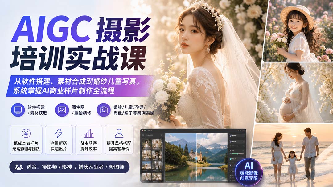 AIGC摄影培训实战课：从软件搭建、素材合成到婚纱儿童写真，系统掌握AI商业样片制作全流程-橙心云网创