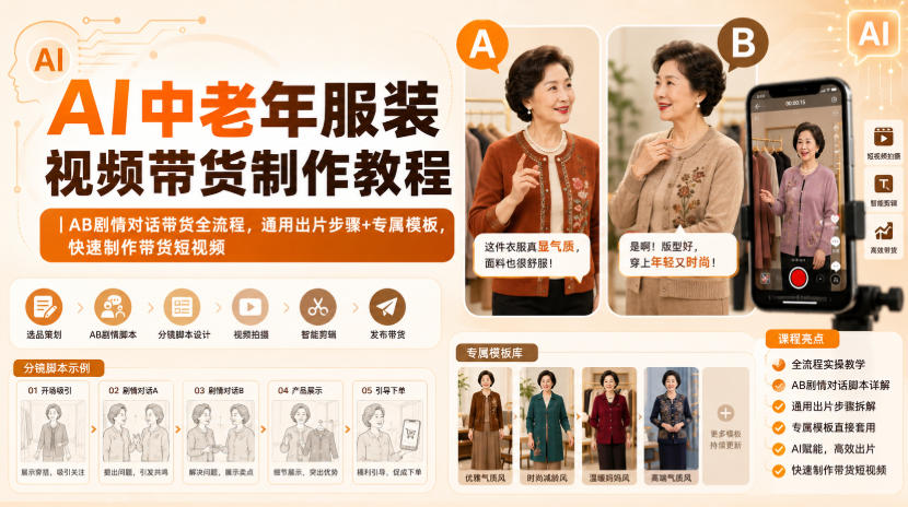 AI中老年服装视频带货制作教程|AB剧情对话带货全流程,通用出片步骤+专属模板,快速制作带货短视频-橙心云网创