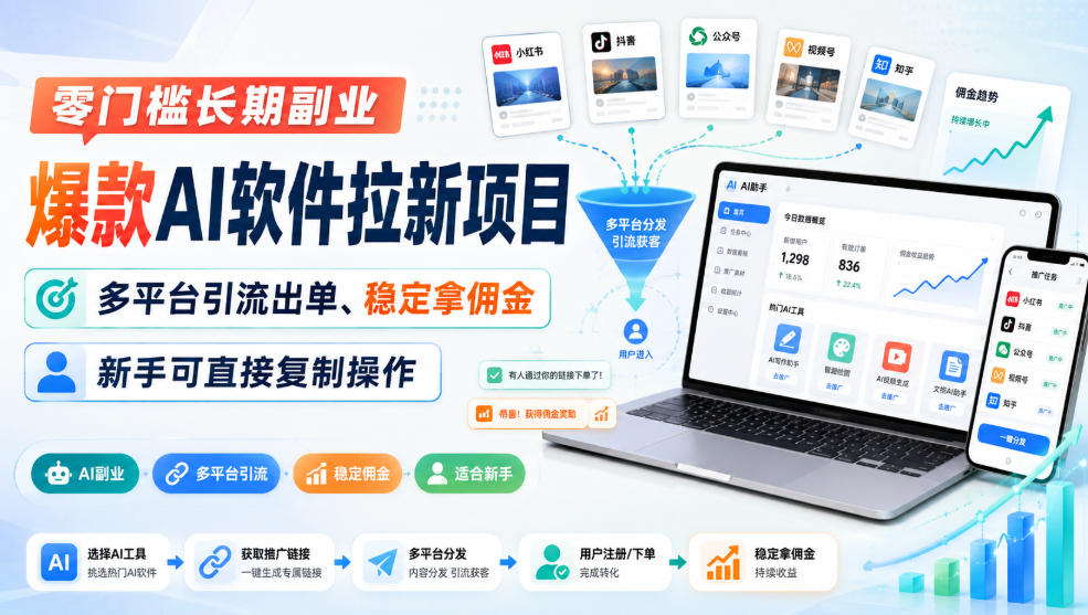 零门槛长期副业,爆款AI软件拉新项目,多平台引流出单、稳定拿佣金,新手可直接复制操作-橙心云网创