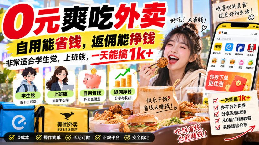 0元爽吃外卖,自用能省钱,返佣能挣钱,非常适合学生党,上班族,一天能搞1k+-橙心云网创