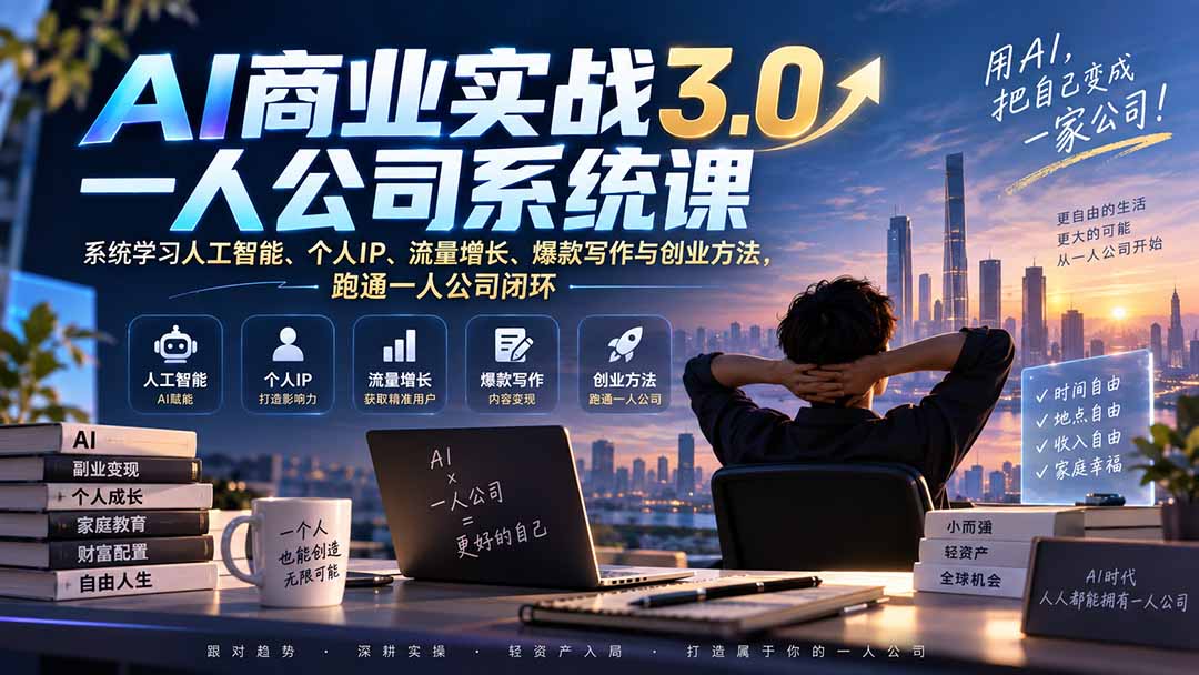 AI商业实战3.0一人公司系统课:系统学习人工智能、个人IP、流量增长、爆款写作与创业方法,跑通一人公司闭环-橙心云网创