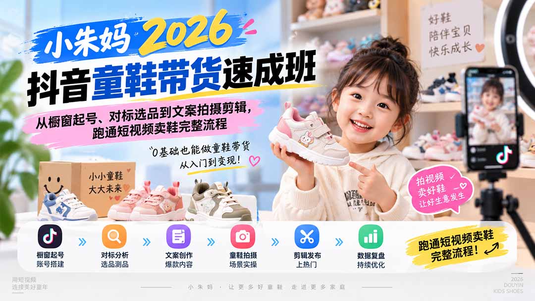 小朱妈2026抖音童鞋带货速成班:从橱窗起号、对标选品到文案拍摄剪辑,跑通短视频卖鞋完整流程-橙心云网创