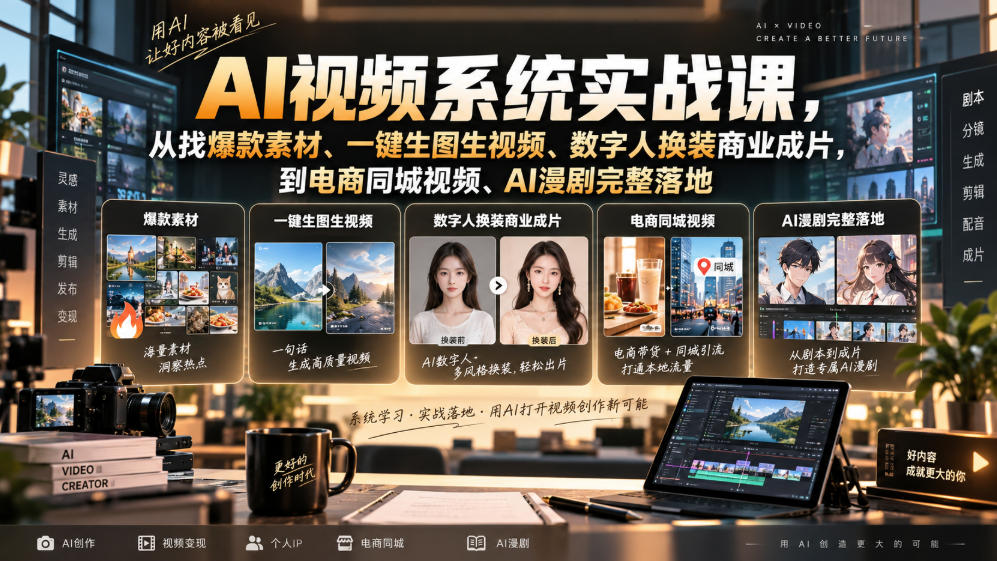 AI视频系统实战课,从找爆款素材、一键生图生视频、数字人换装商业成片,到电商同城视频、AI漫剧完整落地-橙心云网创