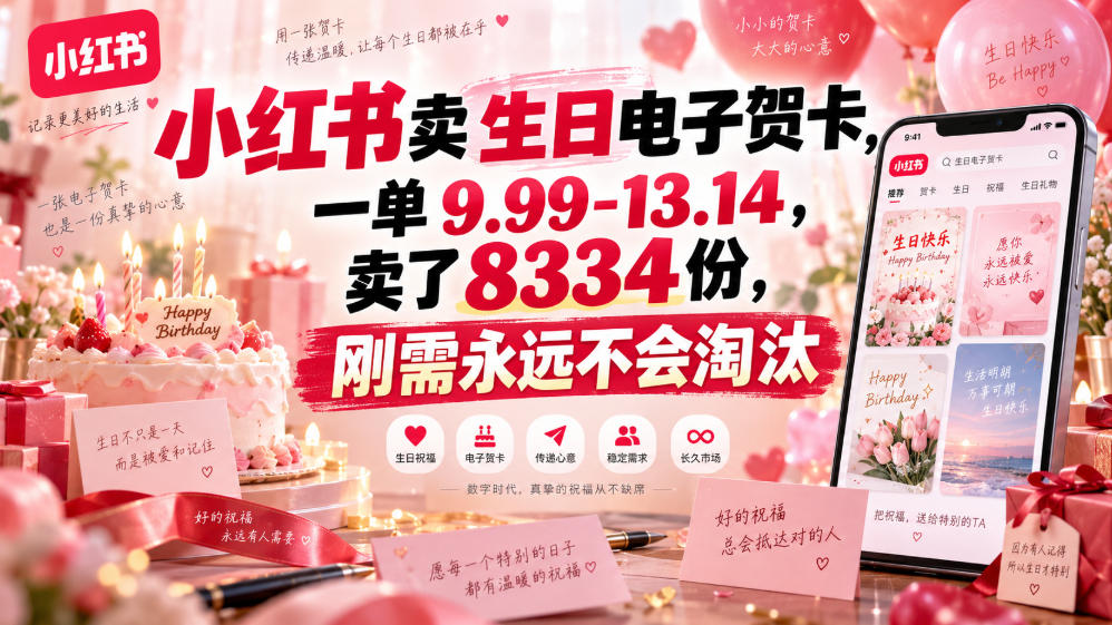 小红书卖生日电子贺卡,一单9.99-13.14,卖了8334份,刚需永远不会淘汰-橙心云网创