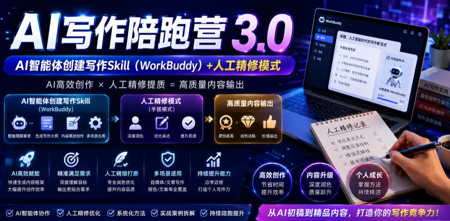 AI写作陪跑营3.0,Ai智能体创建写作skill(workbuddy)+人工手写模式(手搓模式),去除AI痕迹(头条号、公众号、百家号)(更新0907)-橙心云网创