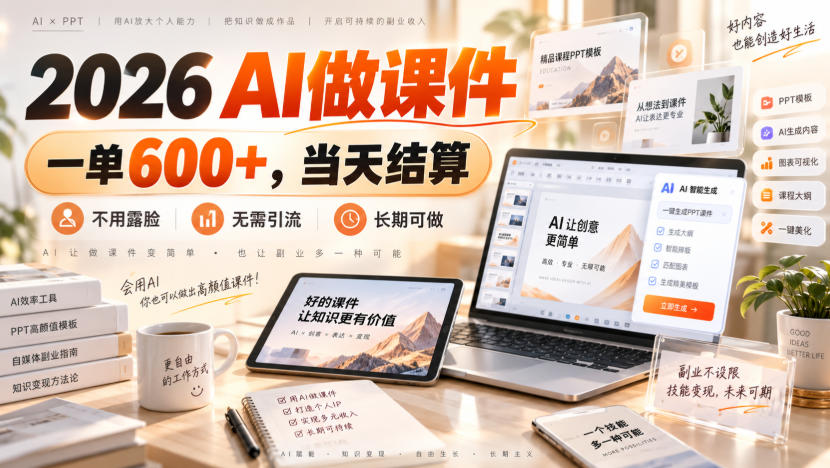 2026 AI做课件，一单600+，当天结算，不用露脸，无需引流，长期可做【揭秘】-橙心云网创